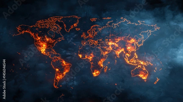 Fototapeta Digital map of world with fiery elements, showcasing dramatic and intense visual representation of global geography