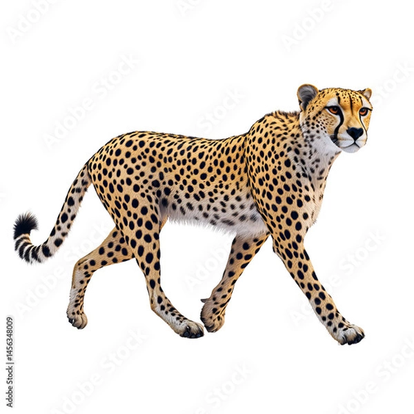 Fototapeta A majestic cheetah gracefully walking with confidence. The cheetah's fur is a beautiful tan color, and its coat is adorned with black spots