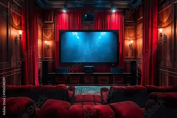 Obraz A spacious home theater with plush seating, a massive flat-screen TV, soundproof walls, and elegant sconces casting a soft glow, 