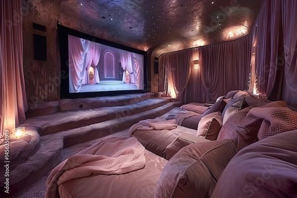 Obraz An elegant home theater with tiered seating, a massive flat-screen, soft lighting, and plush velvet curtains creating a luxurious atmosphere, 