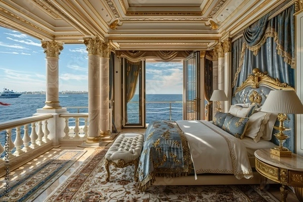Obraz An opulent master bedroom with a king-sized four-poster bed, intricate gold detailing, luxurious fabrics, and a private balcony overlooking the ocean, 