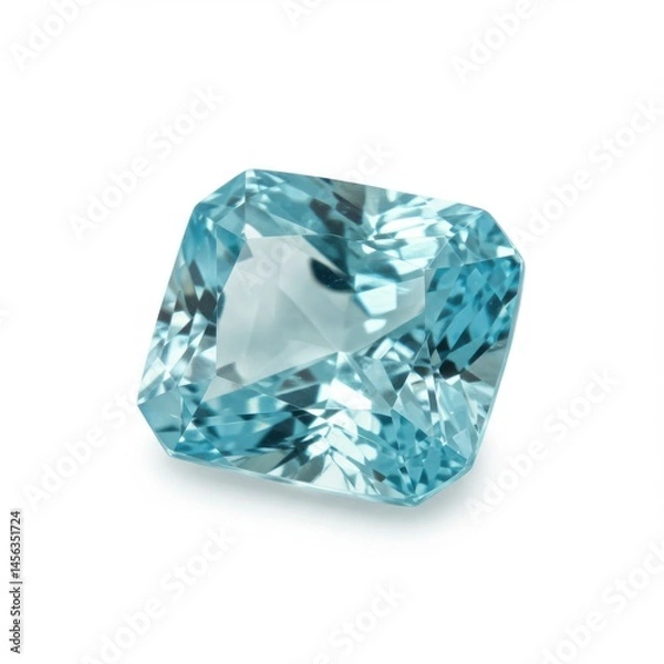 Fototapeta Close up of a square cut aquamarine gemstone with light blue color on a white background studio shot