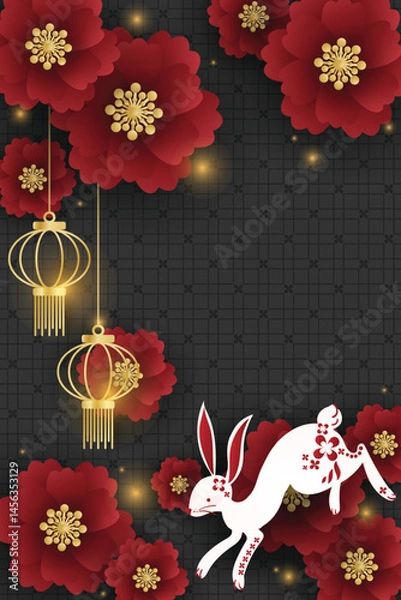 Fototapeta Chinese festival banner of a rabbit with red flowers and gold lanterns on black pattern background for your copy space. For Chinese New Year, Lunar new year, Mid-autumn festival.