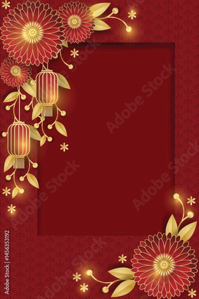Fototapeta Chinese style festival banner of lanterns and red flowers with leaves on red pattern background and frame for your copy space. For Chinese New Year, Lunar new year, Mid-autumn festival.