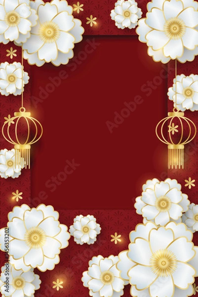 Fototapeta Chinese style festival banner of lanterns and white flowers on red pattern background and frame for your copy space. For Chinese New Year, Lunar new year, Mid-autumn festival.