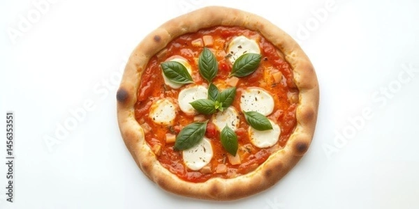 Fototapeta Delicious Homemade Pizza with Mozzarella Cheese and Basil Leaves on White Background