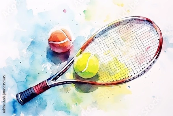 Fototapeta Watercolor-style illustration featuring a tennis racket and ball