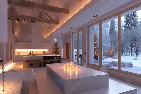 Obraz Minimalist open kitchen with a square white dinner table, neutral tones, and soft ambient lighting -