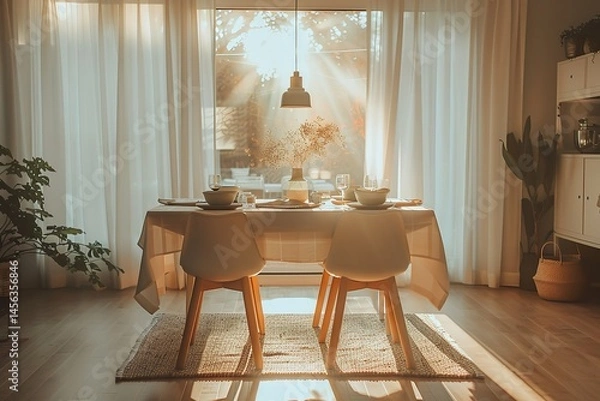 Obraz Minimalist open kitchen with a square white dinner table, neutral tones, and soft ambient lighting 