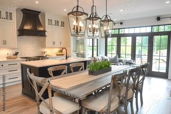 Obraz Open kitchen with a black and white dinner table, high contrast design, and modern lighting 