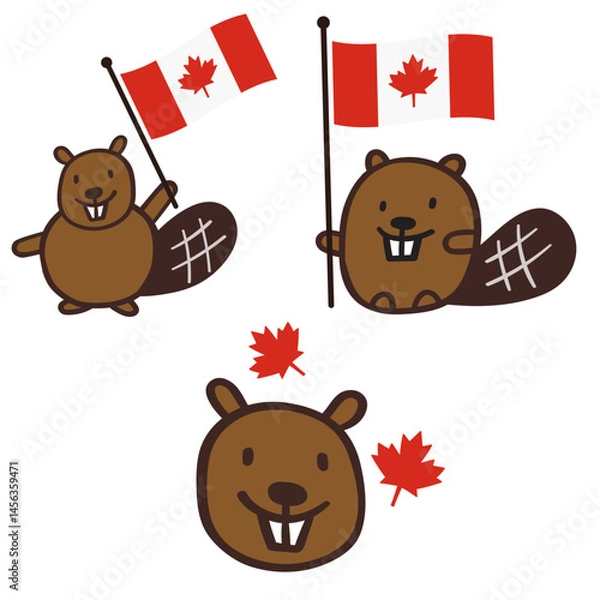 Fototapeta Set of cute little beavers with flags of Canada. Flat design. Vector hand drawn illustration on white background.