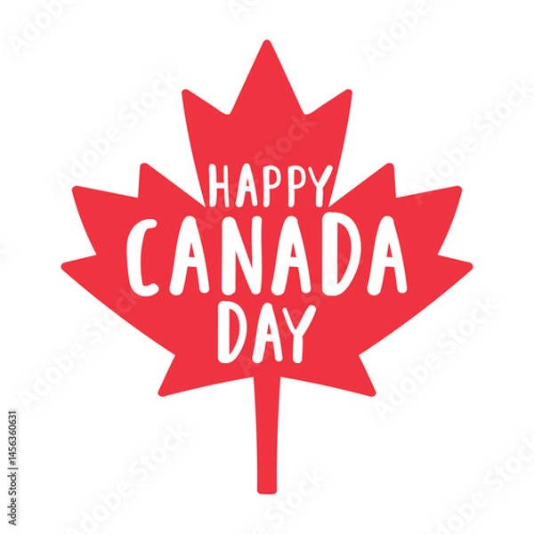 Fototapeta Red maple leaf with inscription - Happy Canada day. Flat illustration. Vector graphic design on white background.