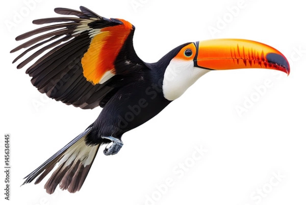 Fototapeta Vibrant Toco Toucan in Flight, Isolated on White Background. Perfect for vibrant designs and on transparent background