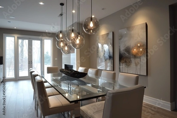 Obraz A chic, modern dining room with an oversized glass dining table, contemporary artwork on the walls, and dramatic, sculptural light fixtures above, 