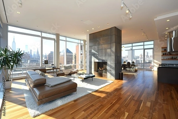 Obraz A contemporary, open-concept living space with sleek furniture, large glass windows, polished wood floors, and a fireplace as the centerpiece, 