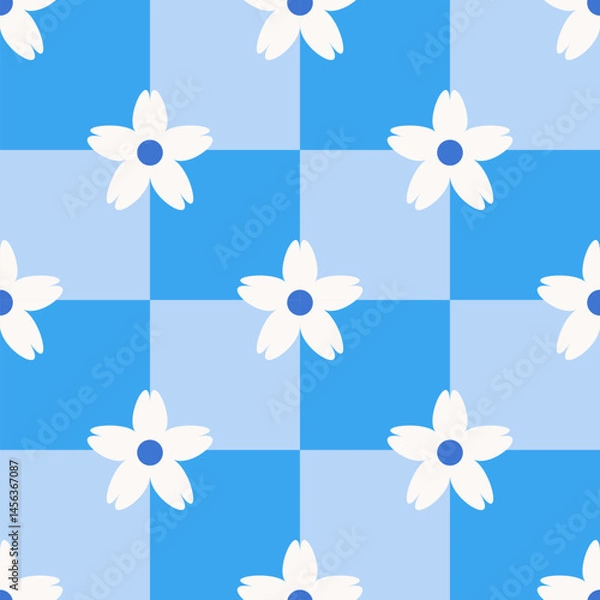 Fototapeta Seamless floral pattern with white flowers on blue checkerboard background. Simple flat checkered vector illustration. Retro tile design for textile, wallpaper, wrapping paper, notebook cover, poster