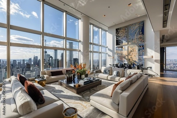 Obraz A glamorous penthouse living room with floor-to-ceiling windows, panoramic city views, luxurious furniture, and abstract artwork on the walls