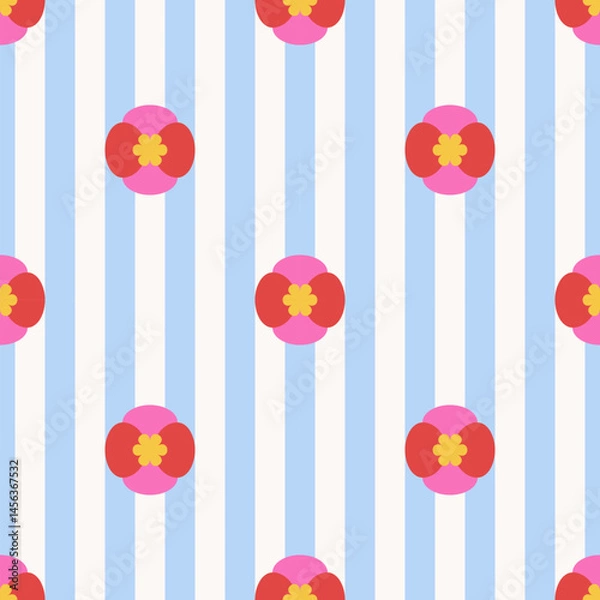 Fototapeta Seamless floral pattern with red geometric flowers on vertical blue and white stripes. Colorful flat vector illustration. Retro summer design for textile, wallpaper, wrapping paper, notebook, poster