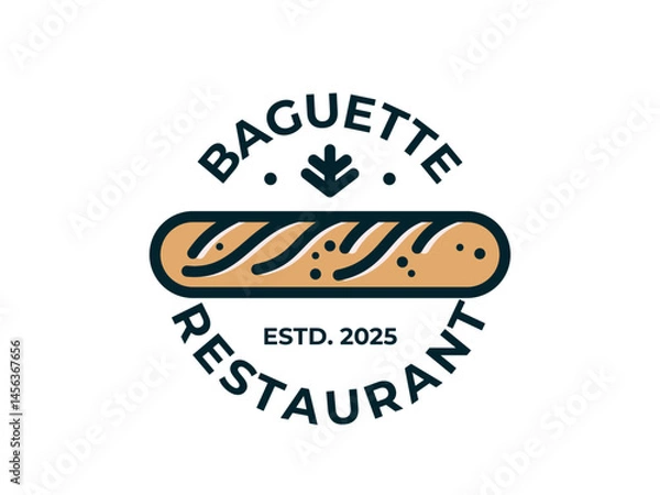 Obraz Restaurant logo template featuring a stylish baguette vector design with editable text. Perfect for cafes, bakeries, and French bistros. Fully customizable, print-ready, and scalable for branding.