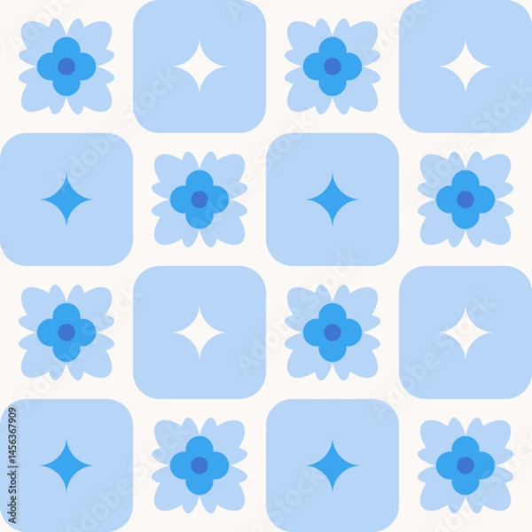 Fototapeta Seamless floral pattern with abstract blue flowers and rounded squares with stars. Flat geometric vector illustration. Retro playful design for textile, wallpaper, wrapping paper, notebook cover