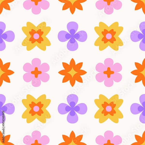 Fototapeta Cheerful seamless floral pattern with bold geometric flowers on white background. Colorful flat vector illustration. Retro summer design for textile, wallpaper, wrapping paper, notebook cover, poster