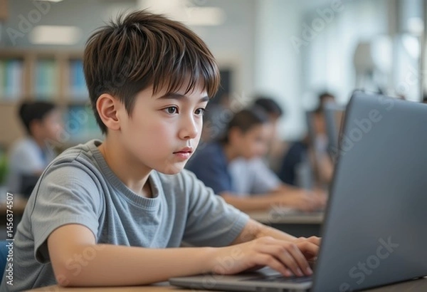 Fototapeta Young boy focused on computer screen. Using laptop in school.