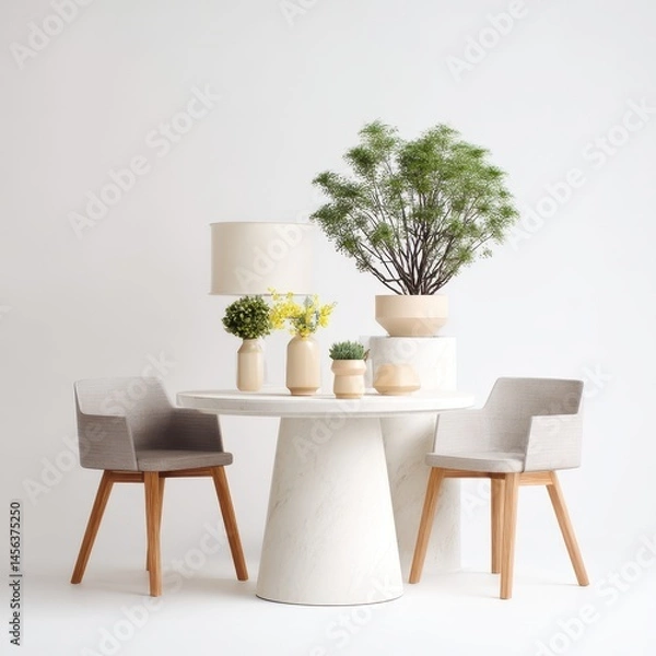 Fototapeta Elegant minimalist dining room setup with round marble table, wooden chairs, decorative vase, and fresh greenery in bright, spacious atmosphere