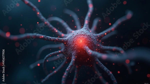 Fototapeta Macro shot of a single neuron cell firing electric impulses, surrounded by digital particles, dark background, biotech fantasy, close-up, microphotography