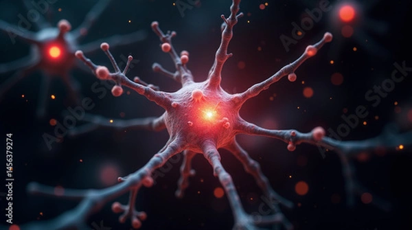 Fototapeta Macro shot of a single neuron cell firing electric impulses, surrounded by digital particles, dark background, biotech fantasy, close-up, microphotography