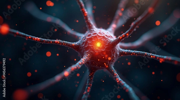 Fototapeta Macro shot of a single neuron cell firing electric impulses, surrounded by digital particles, dark background, biotech fantasy, close-up, microphotography
