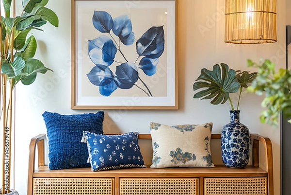 Fototapeta Living Room with Poster Frame and Wooden Sideboard