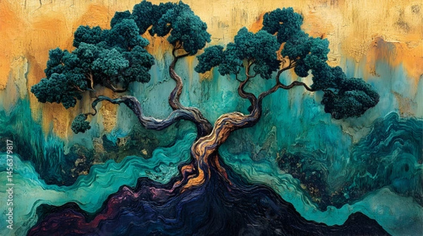 Fototapeta Abstract painting of a stylized bonsai tree on a textured surface.