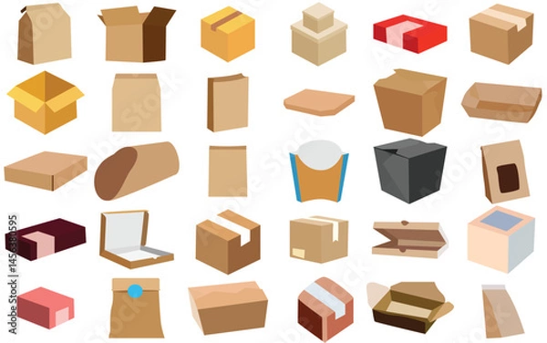 Fototapeta Delivery Carton and Cardboard Box Mockup Set – Open and Closed Boxes with Fragile Markings