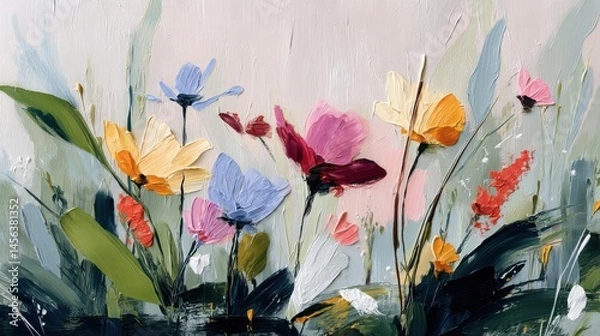 Fototapeta Colorful abstract floral artwork showcasing vibrant blossoms and lush greenery in a contemporary style