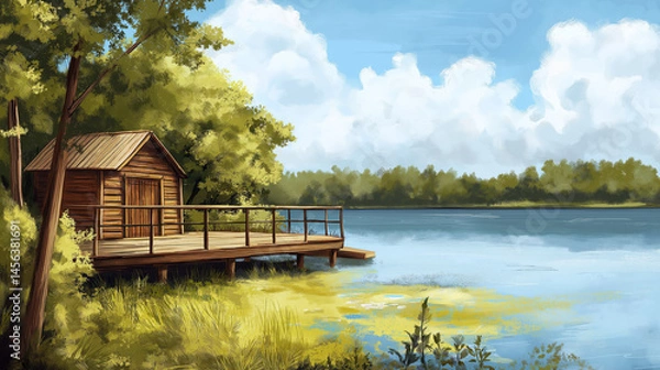 Fototapeta Summer cottage by a serene lake surrounded by lush greenery  