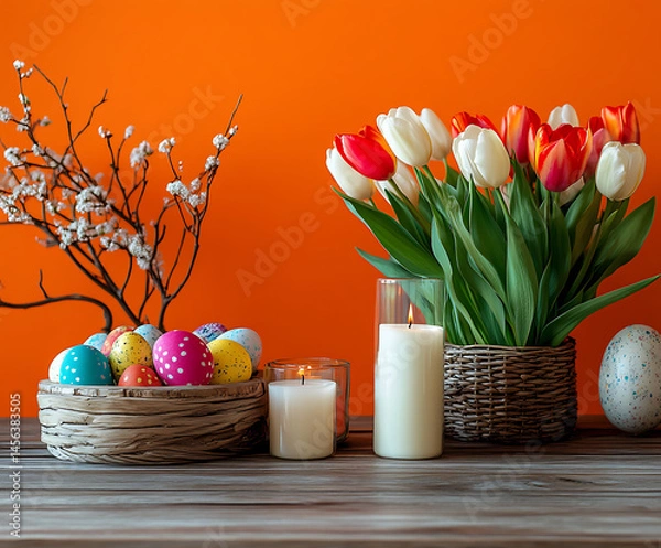 Fototapeta Rustic Dining Table with Easter Tulips, Candles and Treats