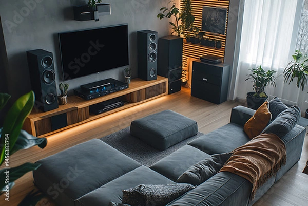 Fototapeta Gray Sofa with Throw Blankets in Minimalist Open Living Room