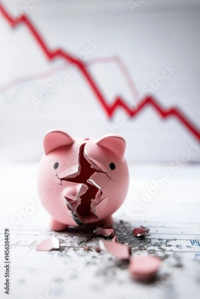 Fototapeta Broken piggy bank symbolizes financial decline with falling graph background
