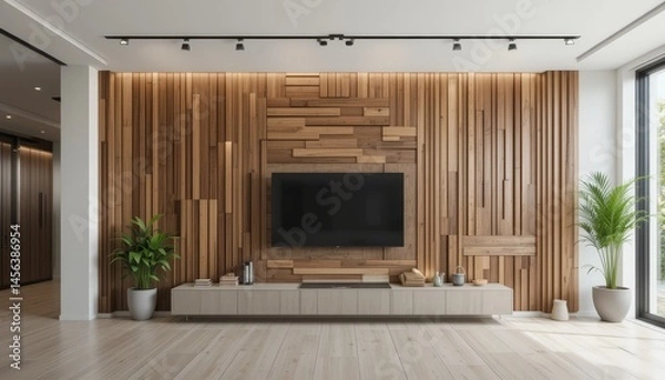Fototapeta Contemporary wall design using stacked vertical wood panels.