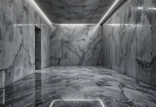Fototapeta Glossy-floored abstract room with textured honeycomb concrete.