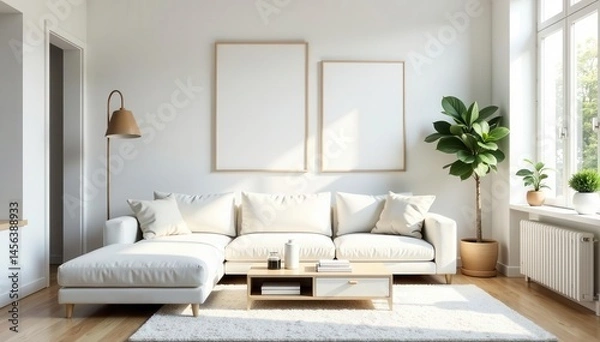 Fototapeta Bright white living room, minimalist decor, empty frames, drawer , stylish, blank, drawers
