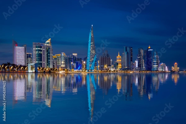 Fototapeta The Panoramic skyline of Doha, Qatar during sunrise