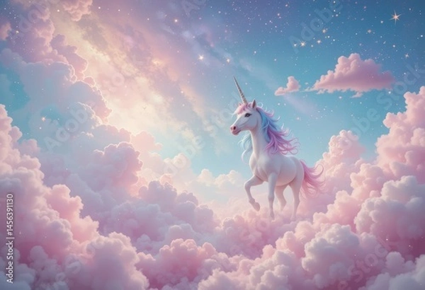 Fototapeta Whimsical pastel sky with unicorn, glitter stars, and pink clouds.