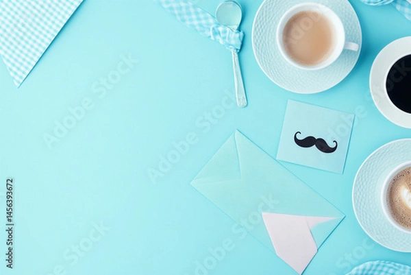 Fototapeta Fathers Day message light blue background coffee cups envelope and mustache