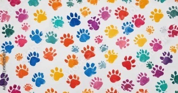 Obraz Colorful paw prints on white, seamless repeat  ,  rainbow paws,  wallpaper design