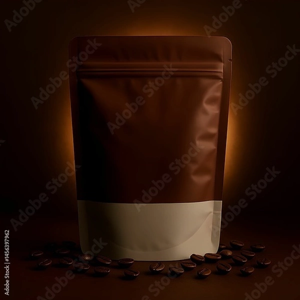Obraz Coffee Packaging with Glowing Light and Beans – Dark Mood