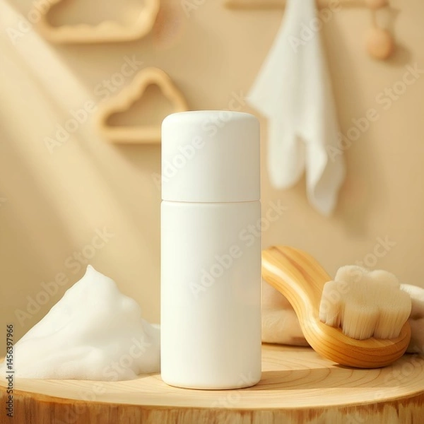 Obraz Minimal Skincare Bottle with Foam and Brush in Natural Light Bathroom Scene