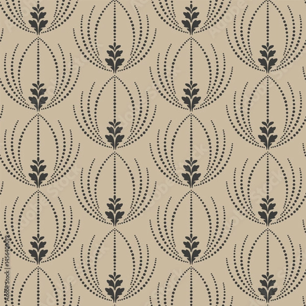 Fototapeta Dark gray pattern of dots on a beige background. Flowers of dots and petals collected in a geometric ornament. Vector seamless pattern.