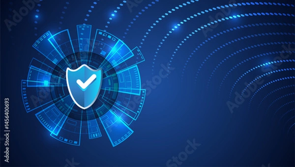 Obraz Cyber ​​security concept background with shield on glowing digital interface. Abstract blue design representing data protection, secure technology and online security systems.