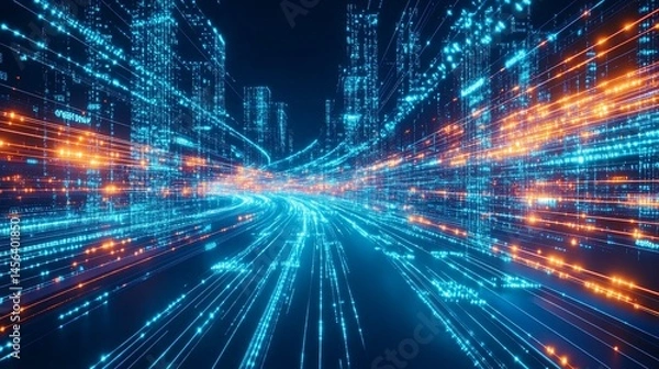 Obraz Digital network city with light trails symbolizing futuristic data stream